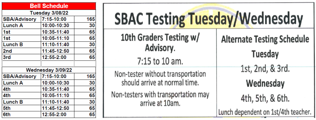 SBAC Testing Bell Schedule